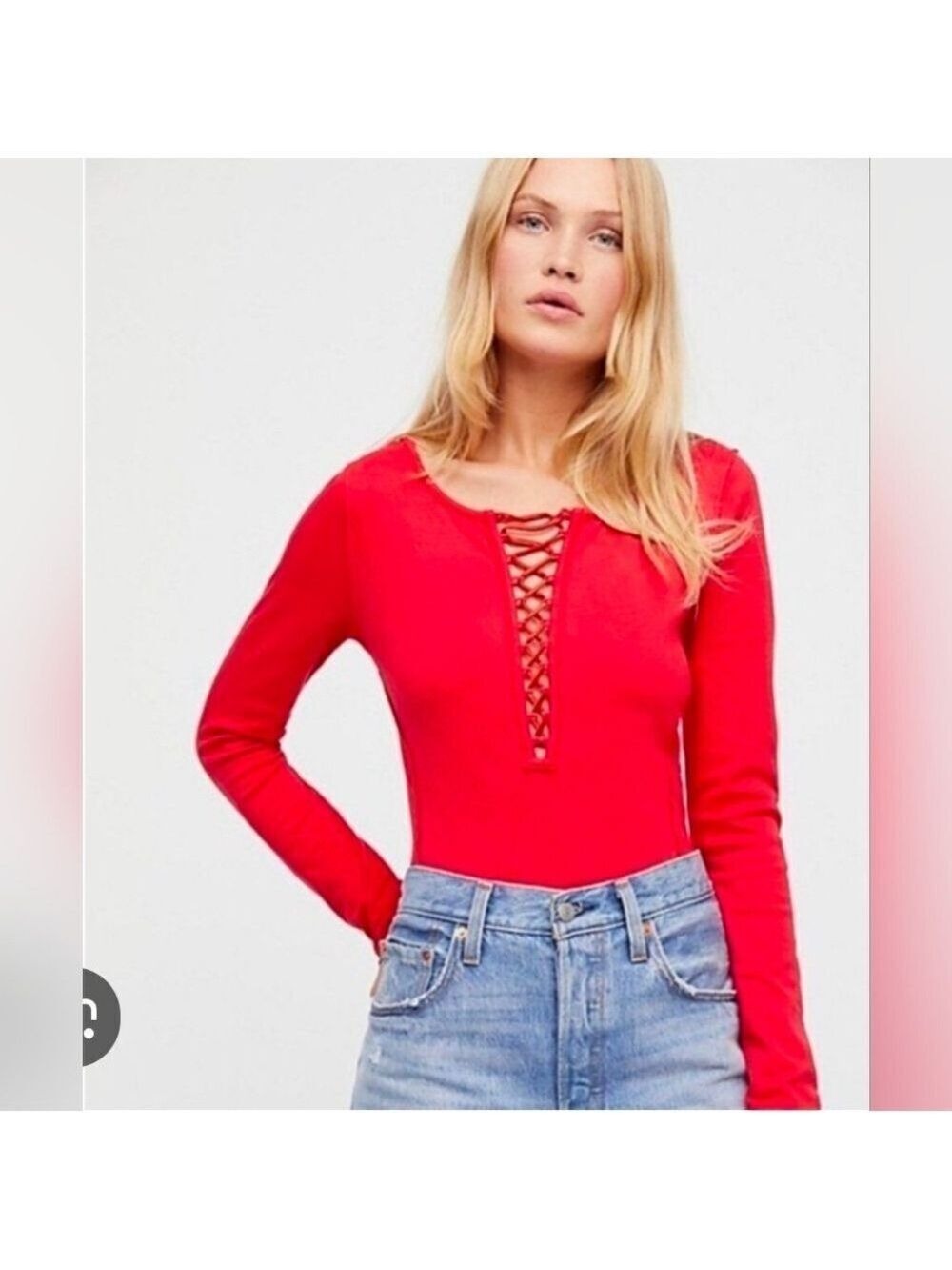Free People Jacqui Red Lace Up Fitted Top Small